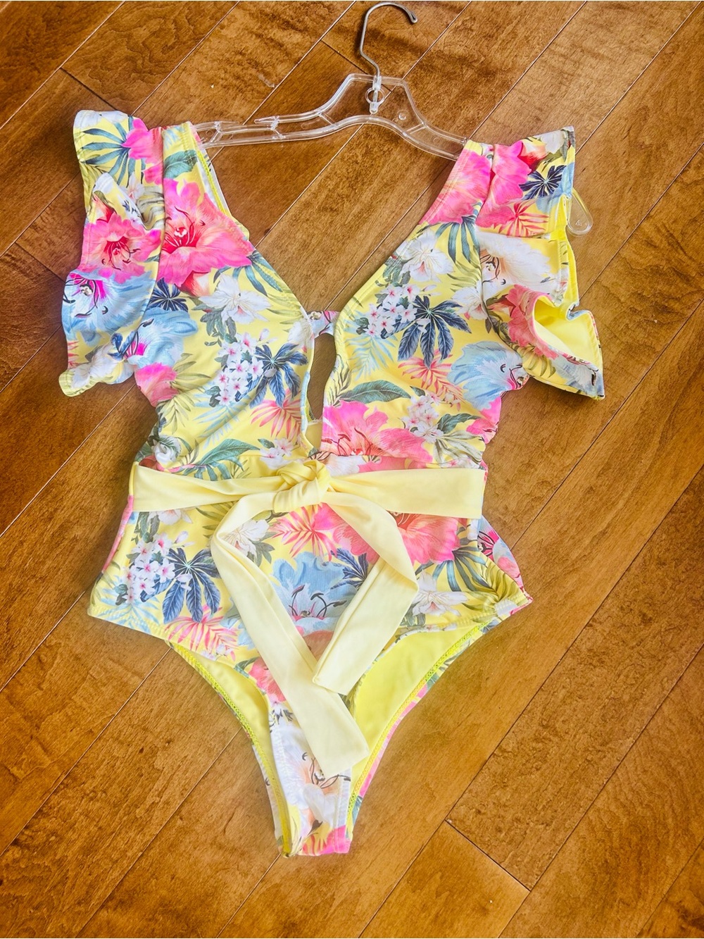 Yellow Tropical Floral One-Piece Swimsuit with Tie Waist